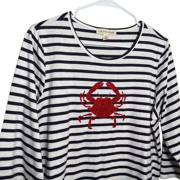 Cactus + Pearl Blouse Women's Medium Striped 3/4 Sleeve Crab Metallic Top - Picture 2 of 9